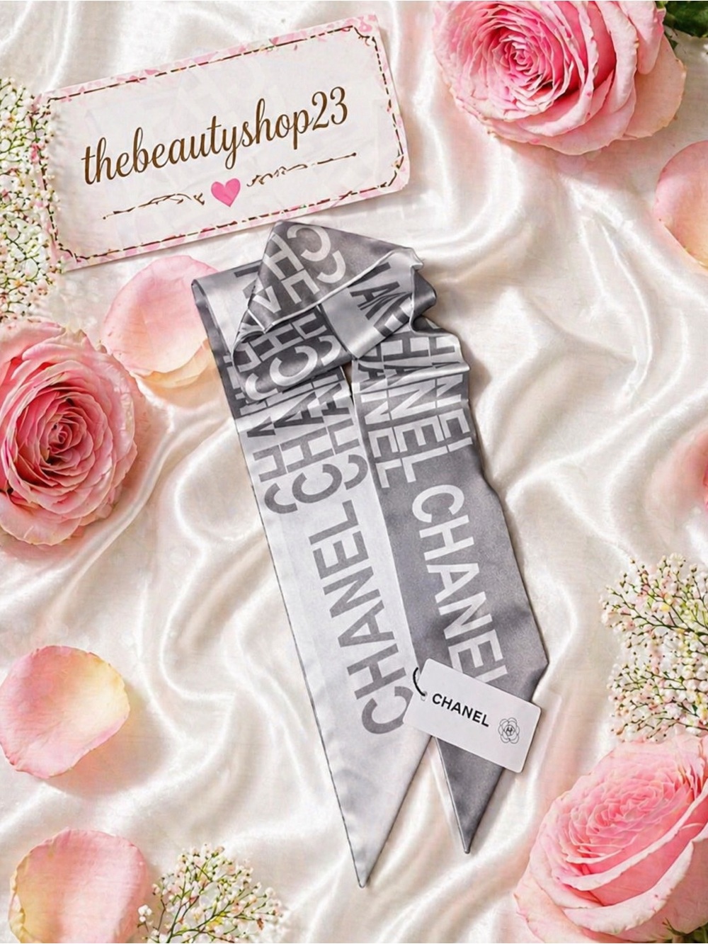 Chanel Gray & White Silk Scarf